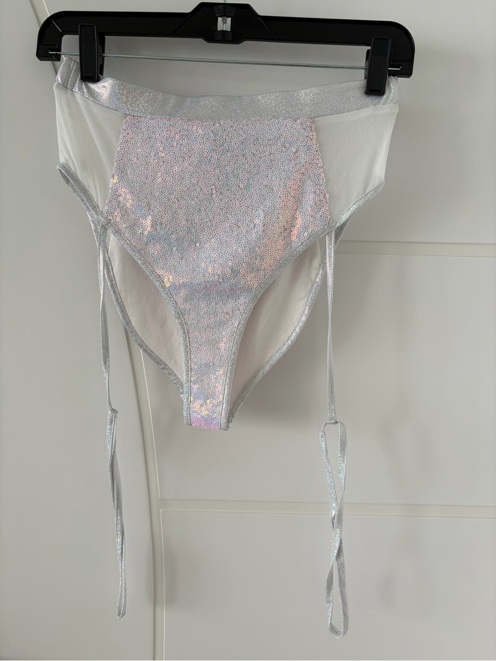 Holographic Silver High-Waist Bikini Bottom with Ties